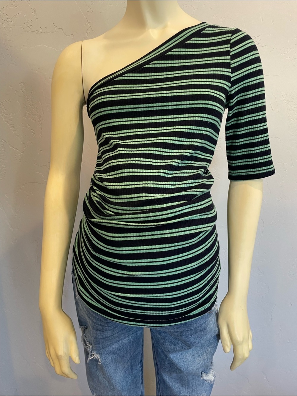 Mimi Maternity One-Shoulder Striped ribbed Top in Black and Mint M